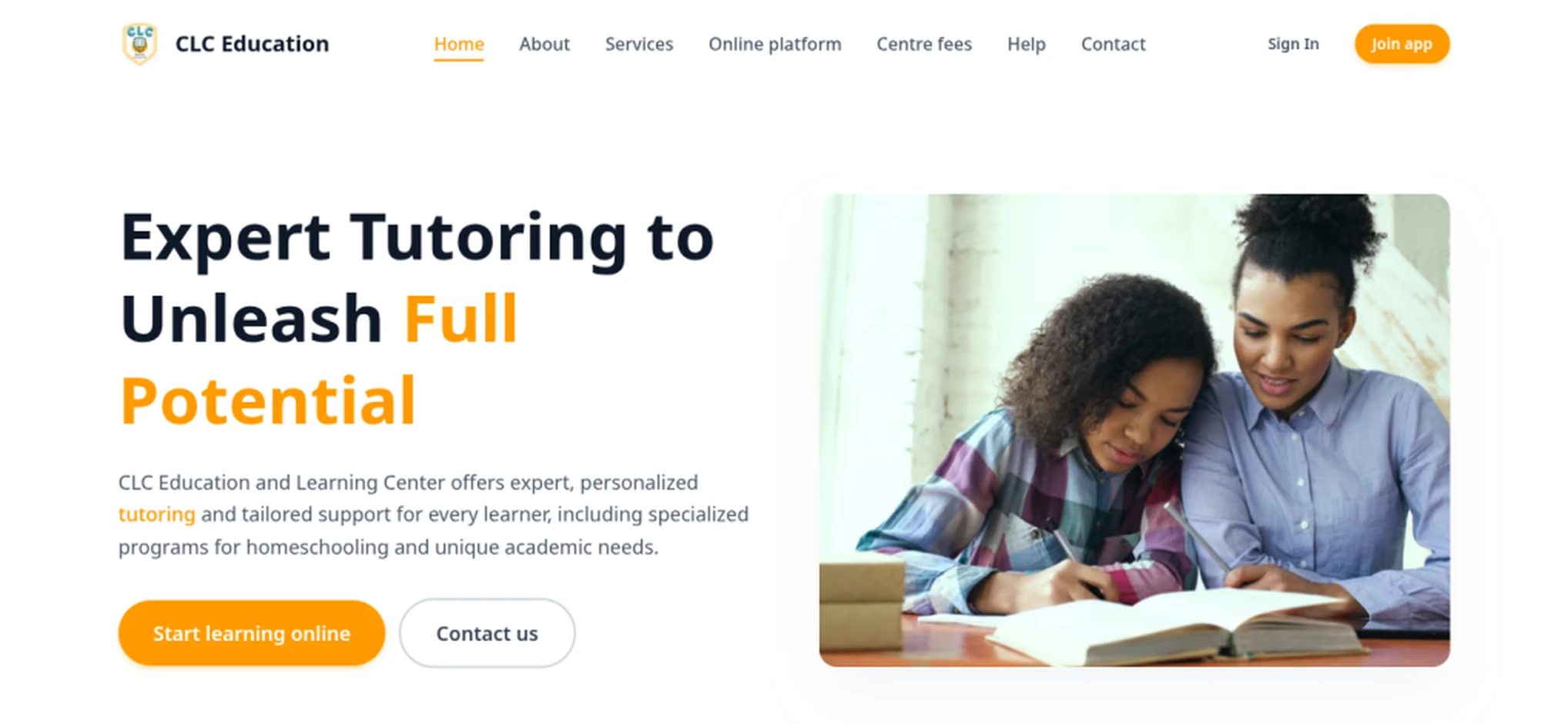 CLC Education landing hero. Expert tutoring headline beside a tutor and student at a desk.