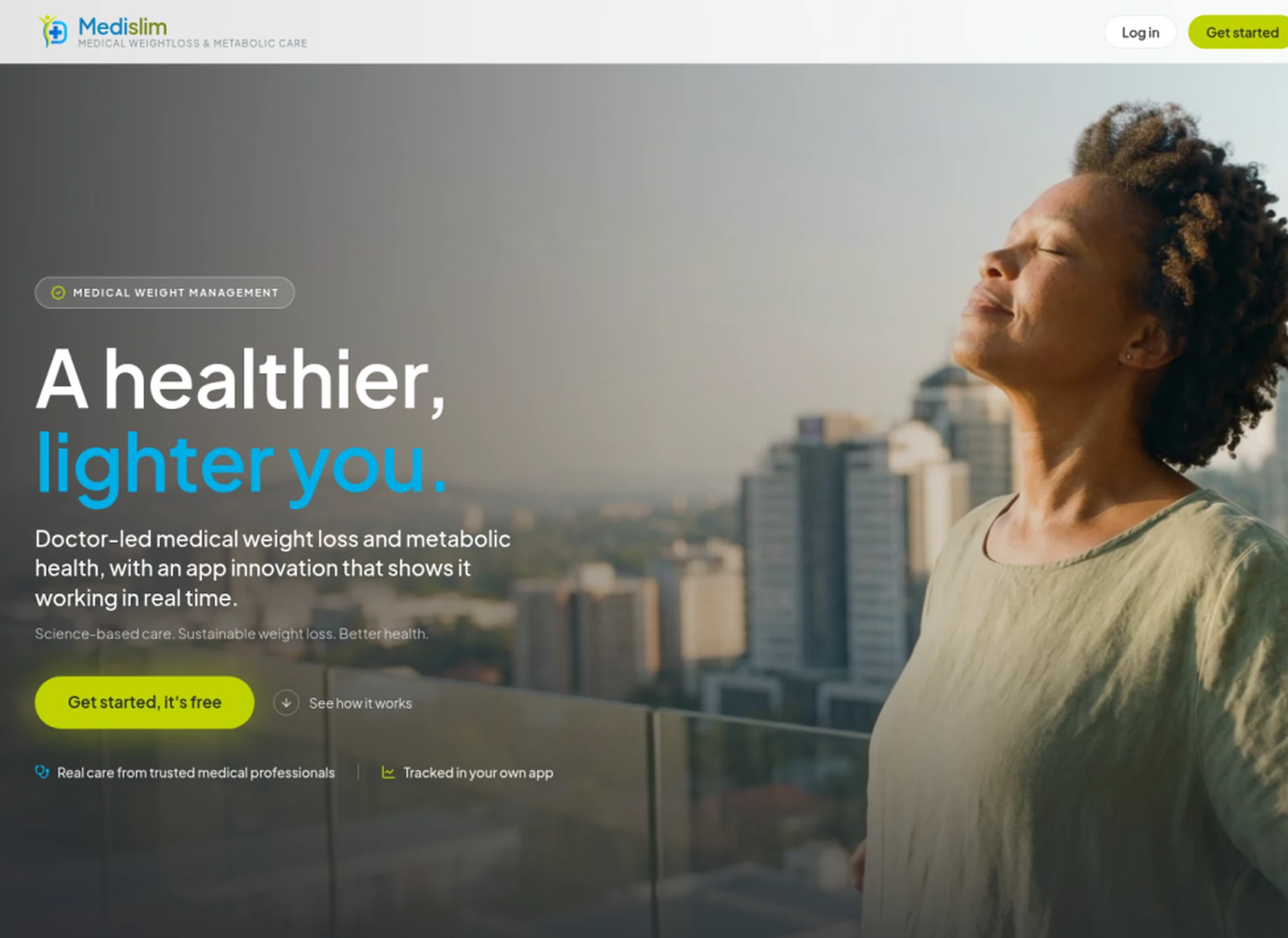 MediSlim landing hero. A healthier, lighter you, with a woman on a balcony above the city.